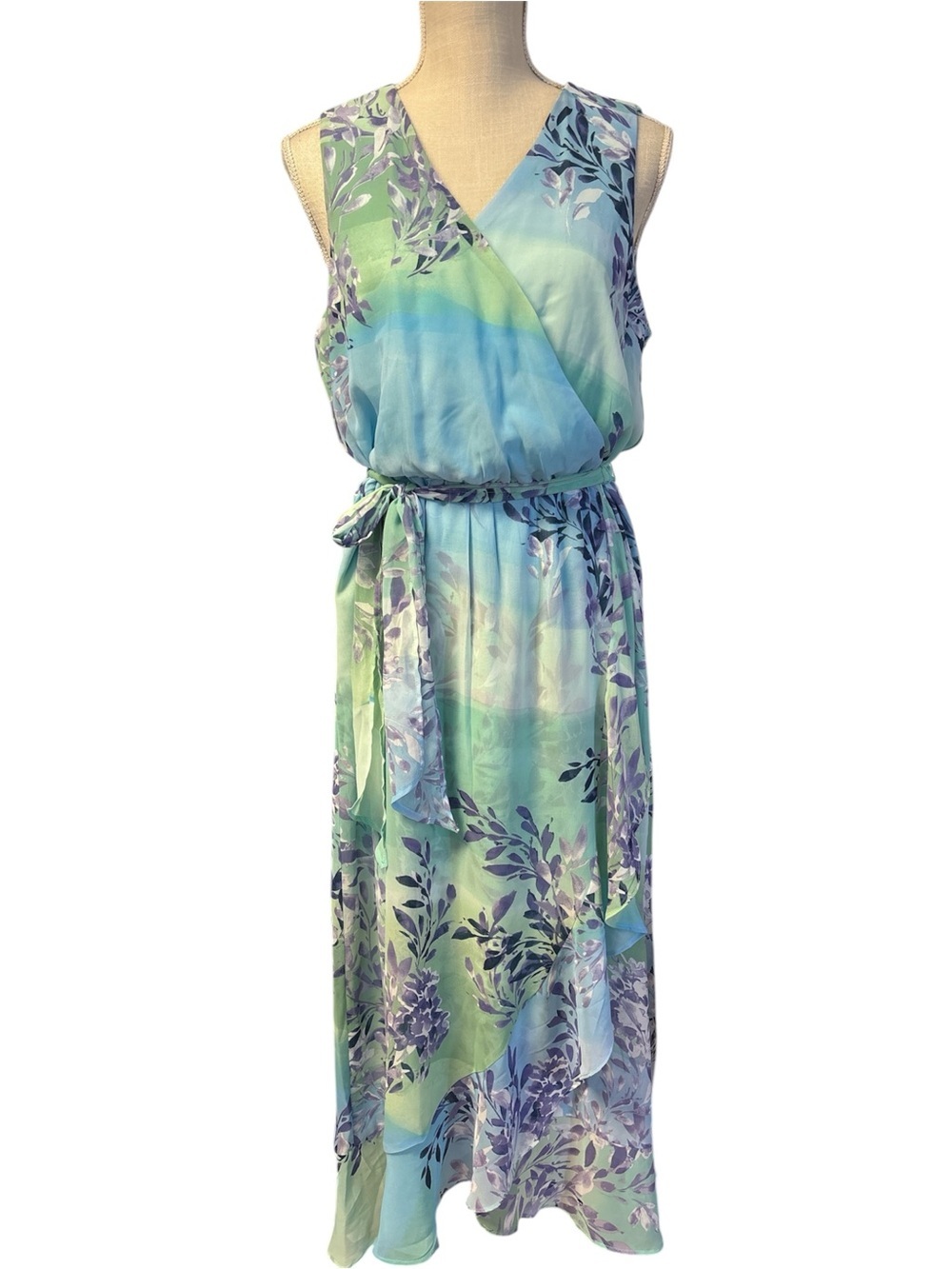 Christopher & Banks Green and Blue Floral Wrap Maxi Dress Sz/L NWT